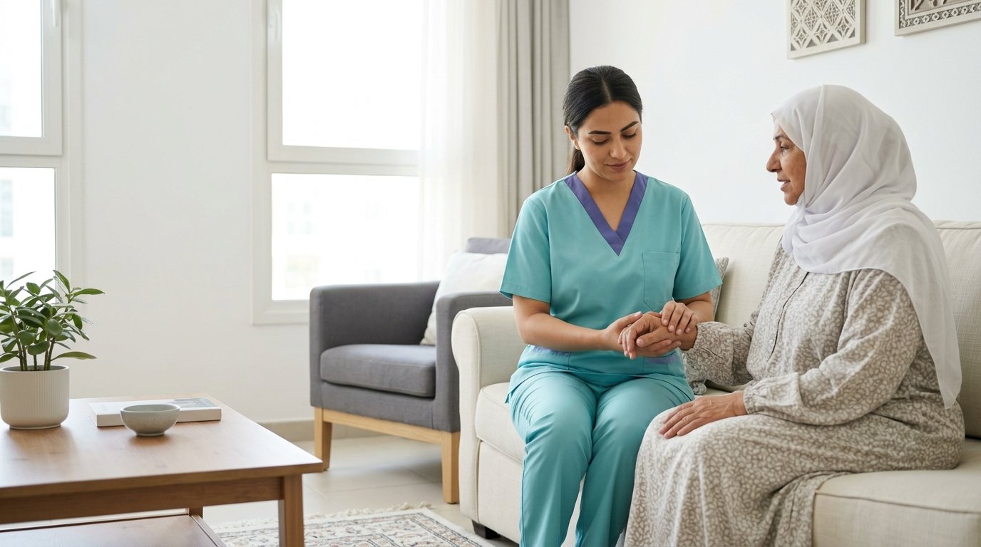 A Bayti nurse visiting a patient at home