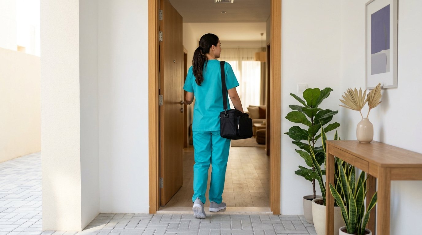 A Bayti professional arriving at a home